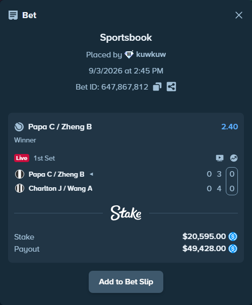 Bet slip: Papa C / Zheng B - Charlton J / Wang A, $20,595.00 stake at 2.40 odds, placed by kuwkuw