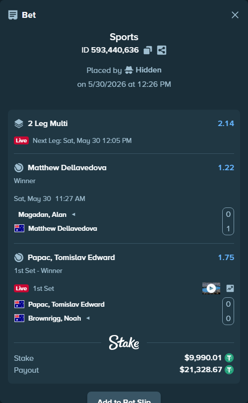 Bet slip: Papac, Tomislav Edward - Brownrigg, Noah, $10,000.00 stake at 1.75 odds, placed by Hidden