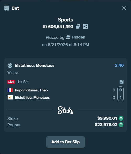 Bet slip: Papamalamis, Theo - Efstathiou, Menelaos, $10,000.00 stake at 2.40 odds, placed by Hidden