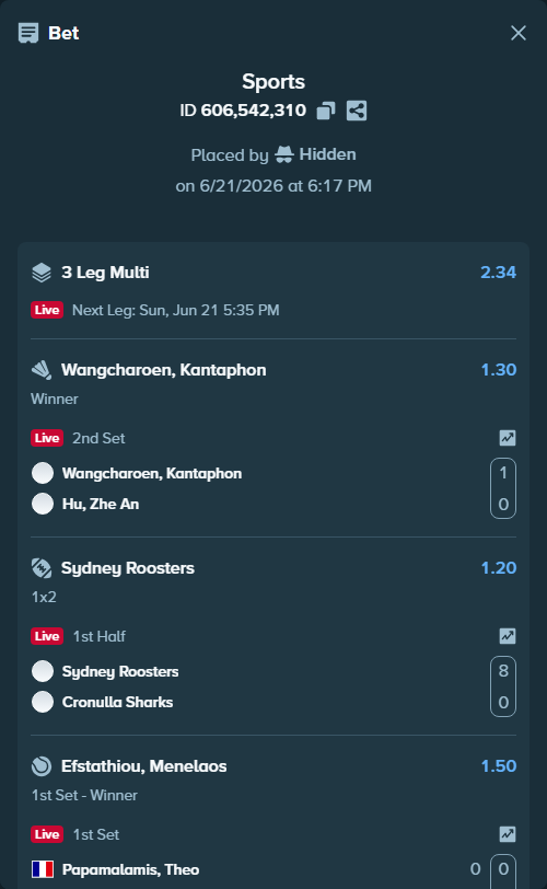 Bet slip: Papamalamis, Theo - Efstathiou, Menelaos, $10,000.00 stake at 1.50 odds, placed by Hidden