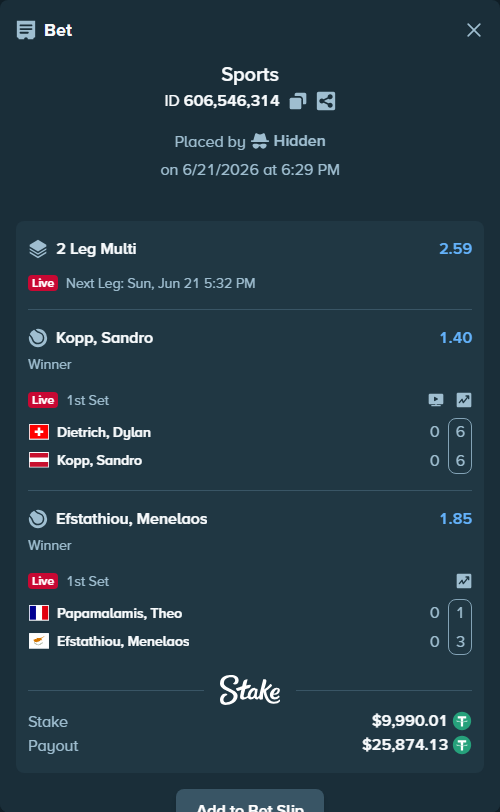 Bet slip: Papamalamis, Theo - Efstathiou, Menelaos, $10,000.00 stake at 1.85 odds, placed by Hidden