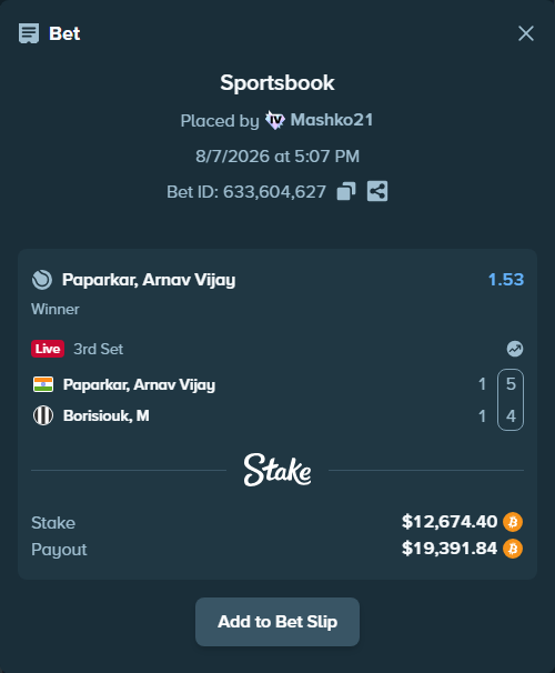 Bet slip: Paparkar, Arnav Vijay - Borisiouk, M, $12,720.39 stake at 1.53 odds, placed by Mashko21