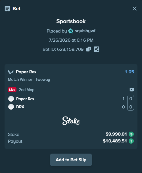 Bet slip: Paper Rex - Kiwoom DRX, $10,000.00 stake at 1.05 odds, placed by squishywf