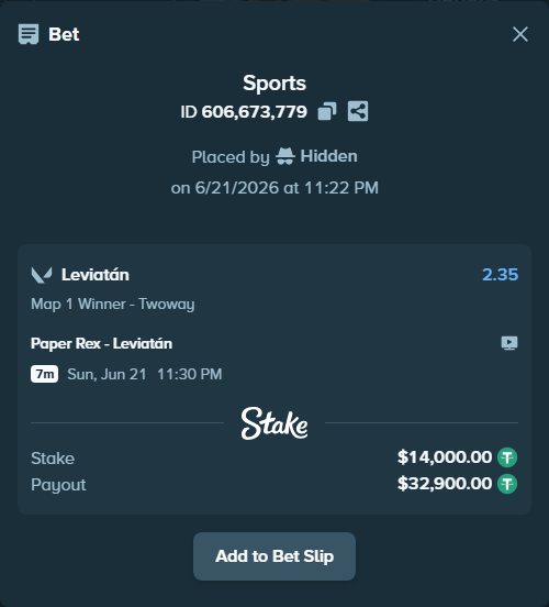 Bet slip: Paper Rex - Leviatán, $14,014.00 stake at 2.35 odds, placed by Hidden