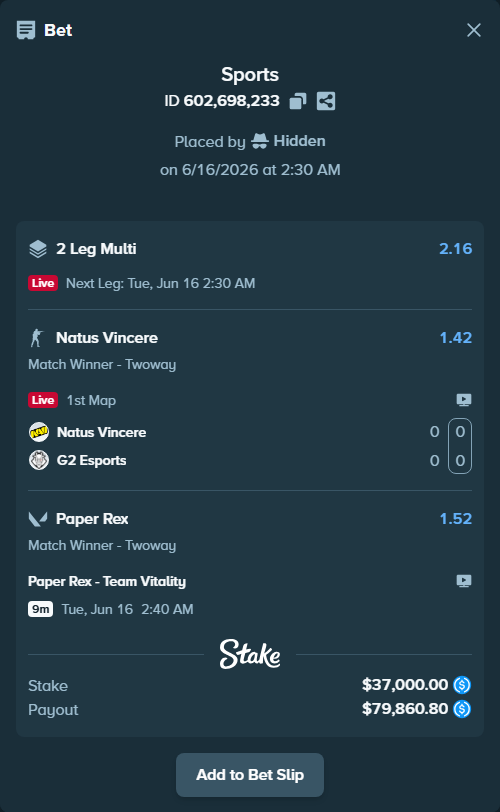Bet slip: Paper Rex - Team Vitality, $37,000.00 stake at 1.52 odds, placed by Hidden