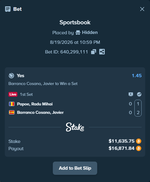 Bet slip: Papoe, Radu Mihai - Barranco Cosano, Javier, $11,713.95 stake at 1.45 odds, placed by Hidden