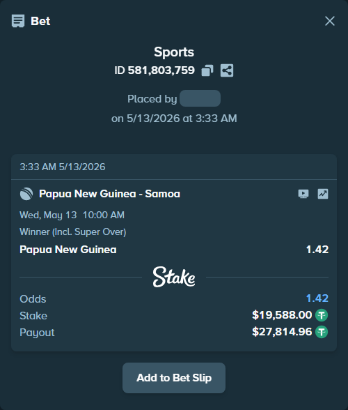 Bet slip: Papua New Guinea - Samoa, $19,588.00 stake at 1.42 odds, placed by mridul365365