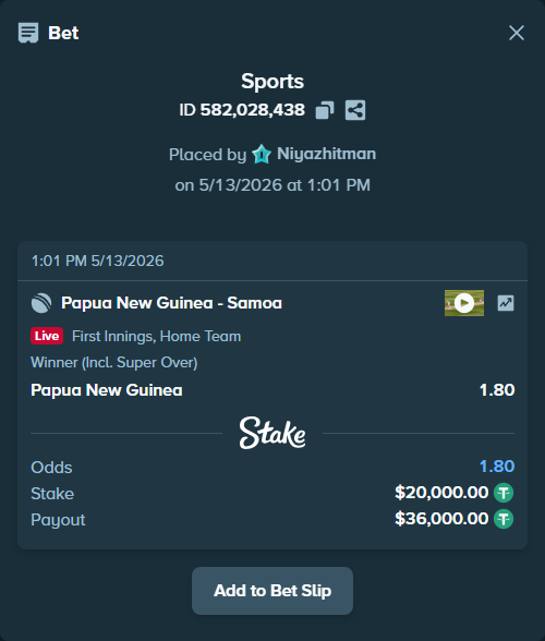 Bet slip: Papua New Guinea - Samoa, $20,000.00 stake at 1.80 odds, placed by Niyazhitman