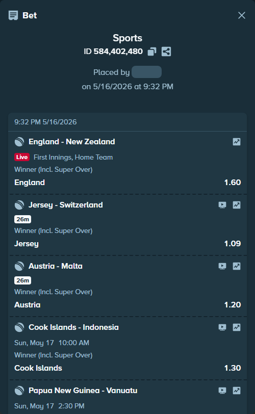Bet slip: Papua New Guinea - Vanuatu, $11,336.00 stake at 1.12 odds, placed by mridul365365