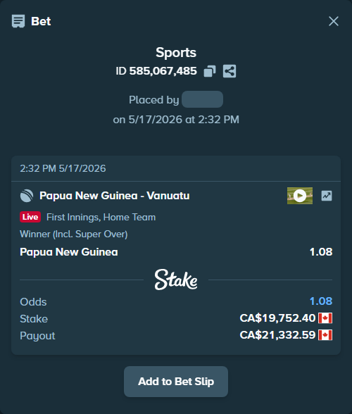 Bet slip: Papua New Guinea - Vanuatu, $14,616.78 stake at 1.08 odds, placed by Chinujaatjind