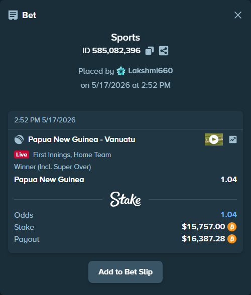 Bet slip: Papua New Guinea - Vanuatu, $12,945.85 stake at 1.04 odds, placed by Lakshmi660