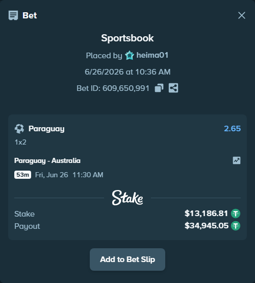 Bet slip: Paraguay - Australia, $13,200.00 stake at 2.65 odds, placed by heima01