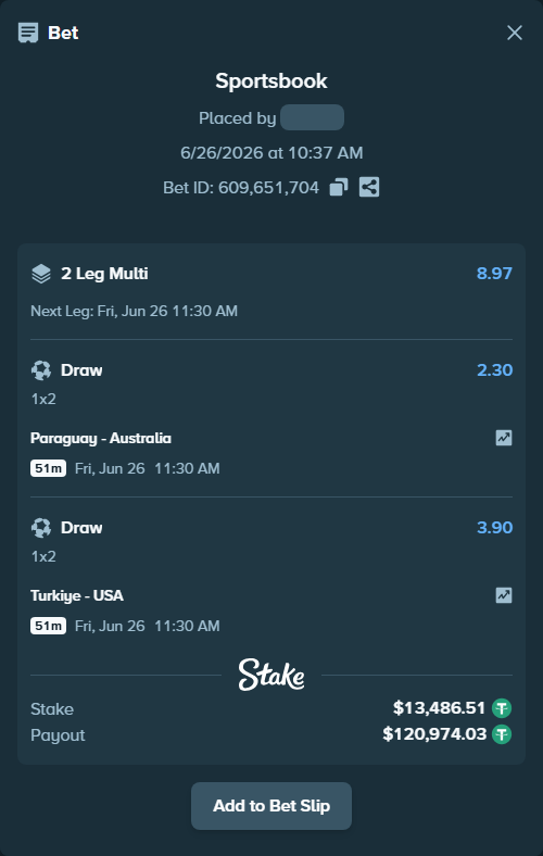 Bet slip: Paraguay - Australia, $13,500.00 stake at 2.30 odds, placed by Maxprof