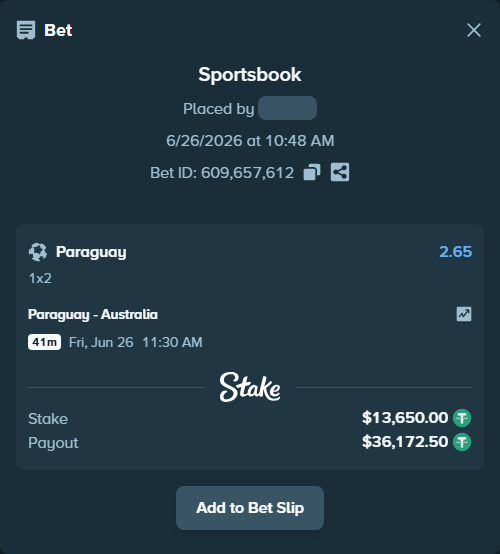 Bet slip: Paraguay - Australia, $13,663.65 stake at 2.65 odds, placed by Duretil05