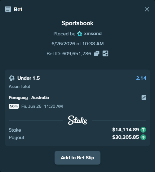 Bet slip: Paraguay - Australia, $14,129.00 stake at 2.14 odds, placed by xmsand