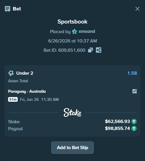 Bet slip: Paraguay - Australia, $62,629.49 stake at 1.58 odds, placed by xmsand