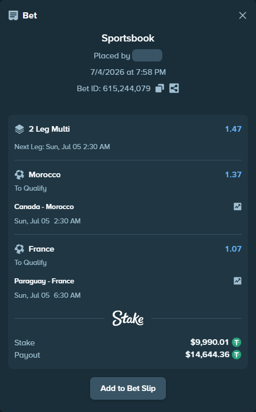 Bet slip: Paraguay - France, $10,000.00 stake at 1.07 odds, placed by fenasikerim99