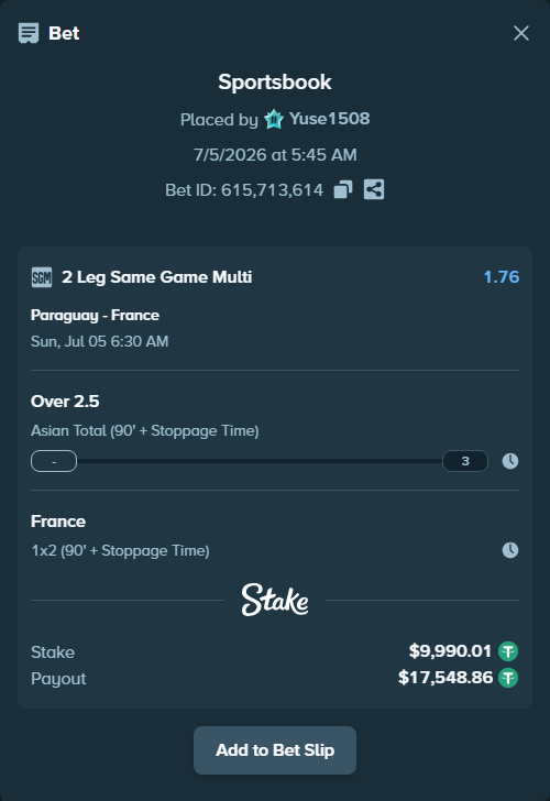 Bet slip: Paraguay - France, $10,000.00 stake at 1.66 odds, placed by Yuse1508