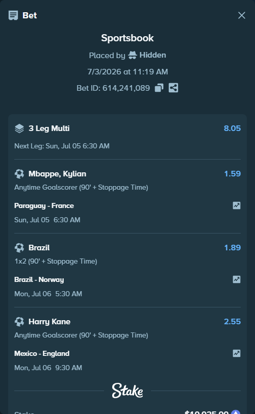 Bet slip: Paraguay - France, $10,508.49 stake at 1.59 odds, placed by Hidden
