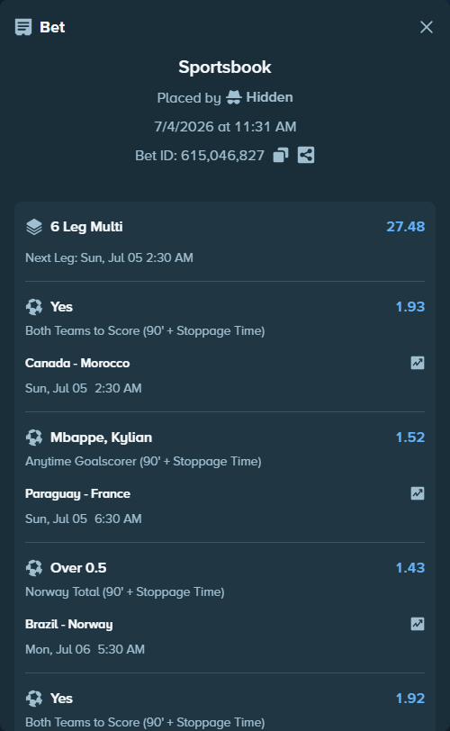 Bet slip: Paraguay - France, $10,010.00 stake at 1.52 odds, placed by Hidden