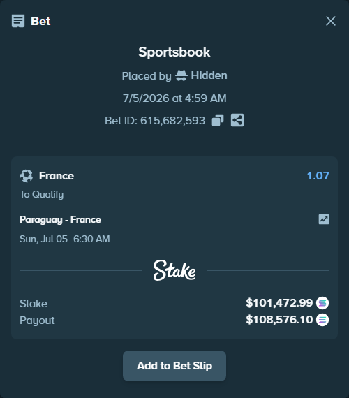 Bet slip: Paraguay - France, $101,345.20 stake at 1.07 odds, placed by Hidden