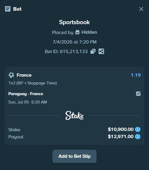 Bet slip: Paraguay - France, $10,900.00 stake at 1.19 odds, placed by Hidden