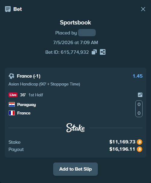 Bet slip: Paraguay - France, $11,344.83 stake at 1.45 odds, placed by KZH163