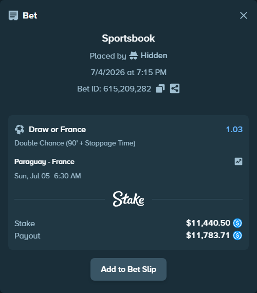 Bet slip: Paraguay - France, $11,440.50 stake at 1.03 odds, placed by Hidden