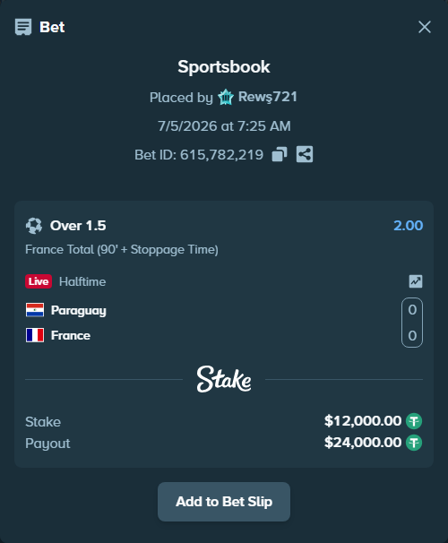 Bet slip: Paraguay - France, $12,000.00 stake at 2.00 odds, placed by Rewş721
