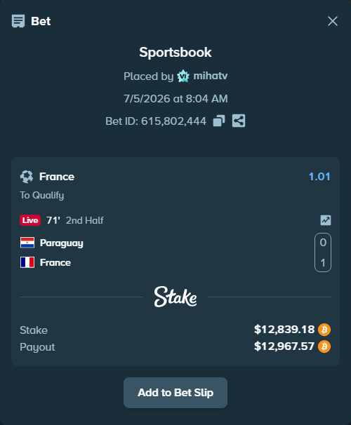 Bet slip: Paraguay - France, $12,795.04 stake at 1.01 odds, placed by mihatv
