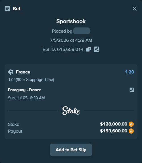 Bet slip: Paraguay - France, $130,500.53 stake at 1.20 odds, placed by ArvaPandaM