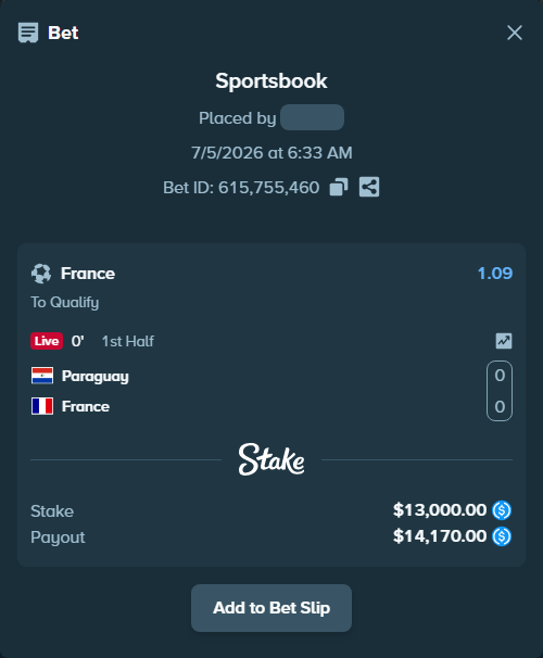 Bet slip: Paraguay - France, $13,000.00 stake at 1.09 odds, placed by boikot115