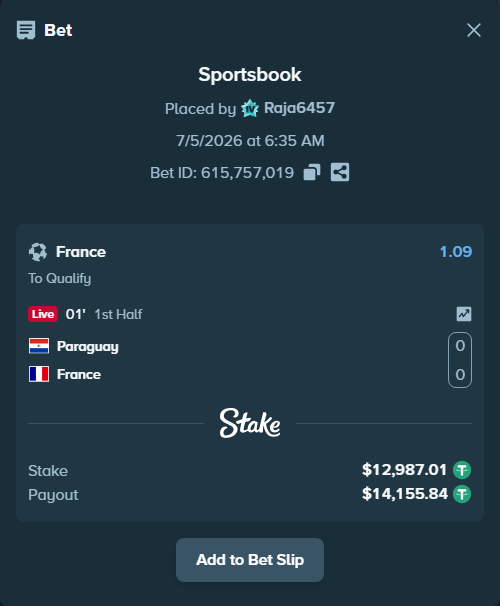 Bet slip: Paraguay - France, $13,000.00 stake at 1.09 odds, placed by Raja6457