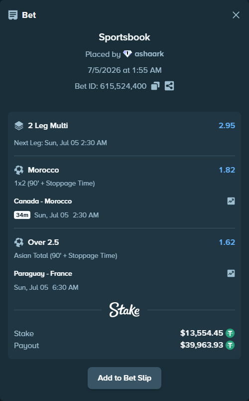 Bet slip: Paraguay - France, $13,568.00 stake at 1.62 odds, placed by ashaark