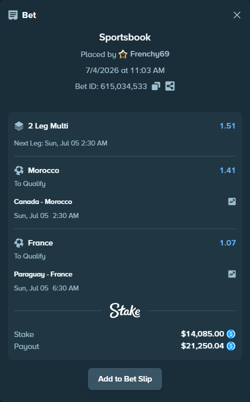 Bet slip: Paraguay - France, $14,085.00 stake at 1.07 odds, placed by Frenchy69