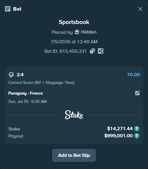 Bet slip: Paraguay - France, $14,285.71 stake at 70.00 odds, placed by Hidden