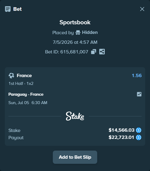 Bet slip: Paraguay - France, $14,566.03 stake at 1.56 odds, placed by Hidden
