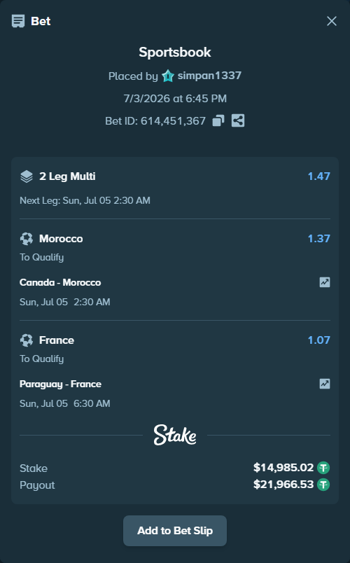 Bet slip: Paraguay - France, $15,000.00 stake at 1.07 odds, placed by simpan1337