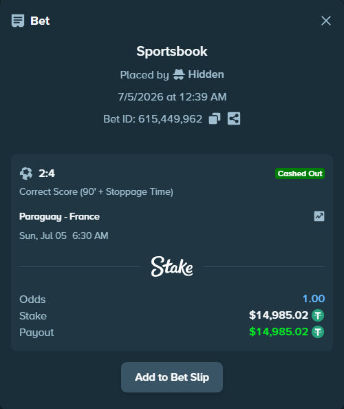 Bet slip: Paraguay - France, $15,000.00 stake at 70.00 odds, placed by Hidden
