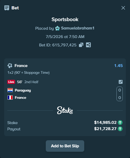 Bet slip: Paraguay - France, $15,000.00 stake at 1.45 odds, placed by Samuelabraham1