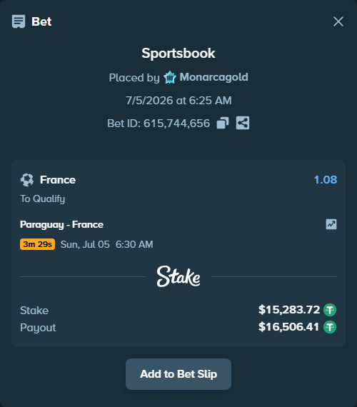 Bet slip: Paraguay - France, $15,299.00 stake at 1.08 odds, placed by Monarcagold
