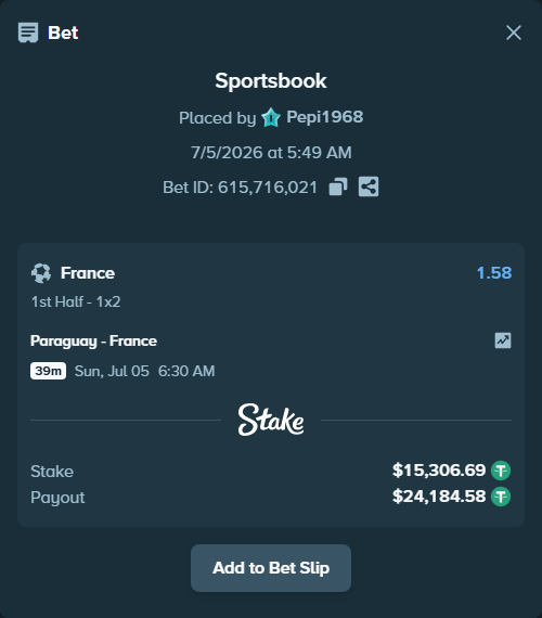 Bet slip: Paraguay - France, $15,322.00 stake at 1.58 odds, placed by Pepi1968