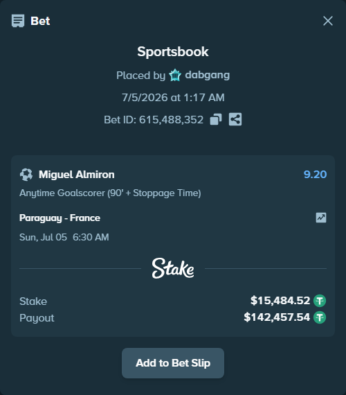 Bet slip: Paraguay - France, $15,500.00 stake at 9.20 odds, placed by dabgang