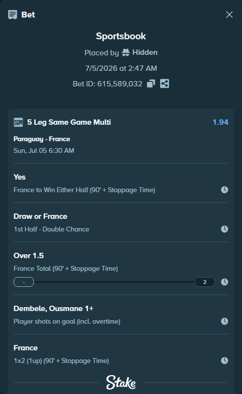 Bet slip: Paraguay - France, $16,368.00 stake at 1.12 odds, placed by Hidden