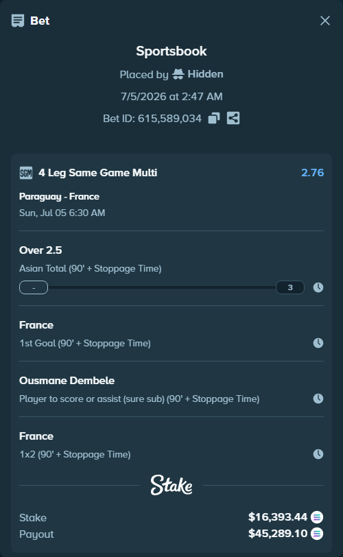 Bet slip: Paraguay - France, $16,368.00 stake at 1.62 odds, placed by Hidden