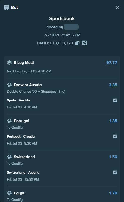 Bet slip: Paraguay - France, $18,602.23 stake at 1.59 odds, placed by gemcabal