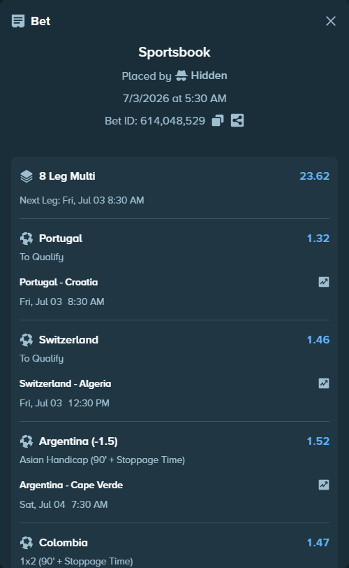 Bet slip: Paraguay - France, $18,137.42 stake at 1.59 odds, placed by Hidden