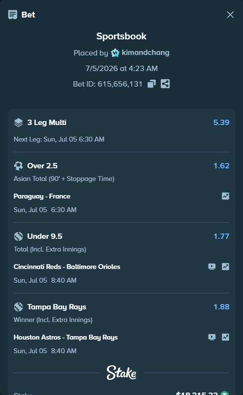 Bet slip: Paraguay - France, $18,333.63 stake at 1.62 odds, placed by kimandchang