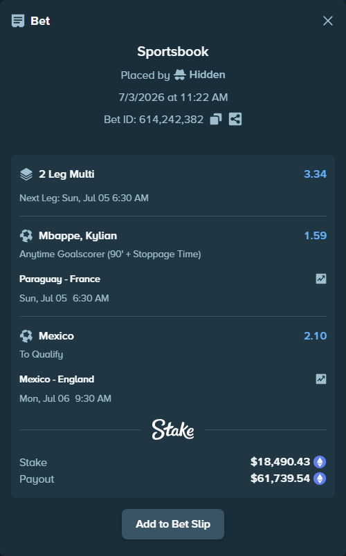 Bet slip: Paraguay - France, $19,343.48 stake at 1.59 odds, placed by Hidden