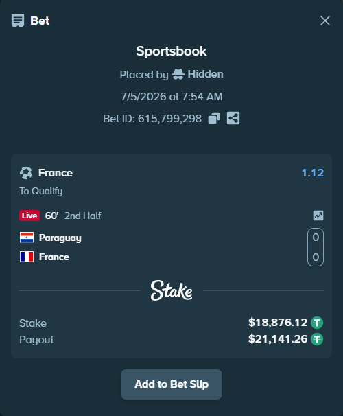 Bet slip: Paraguay - France, $18,895.00 stake at 1.12 odds, placed by Hidden